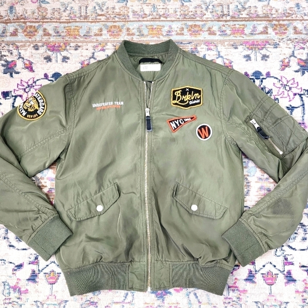 H&M Boy's Quilted Green Bomber Jacket & Patches, Size 10-12Y